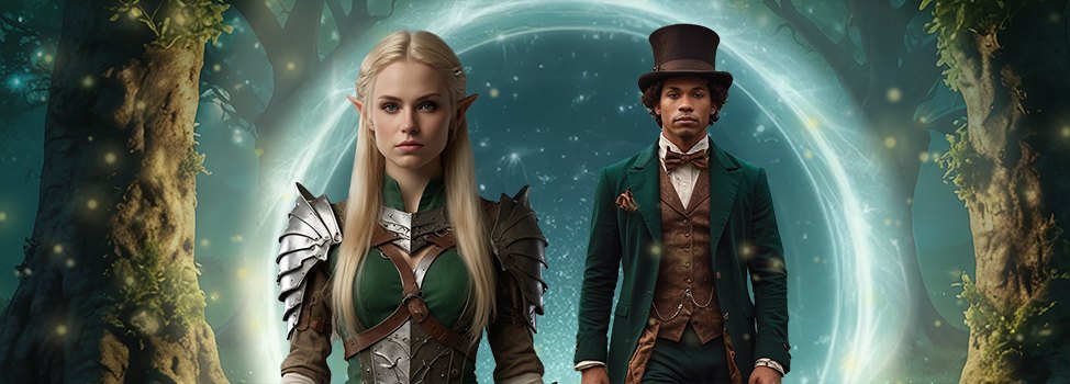 An elf in plate armor and a gentleman in a top hat step through a glowing portal in the forest