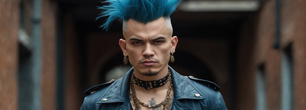 A man with a blue mohawk and a leather jacket in a city alley
