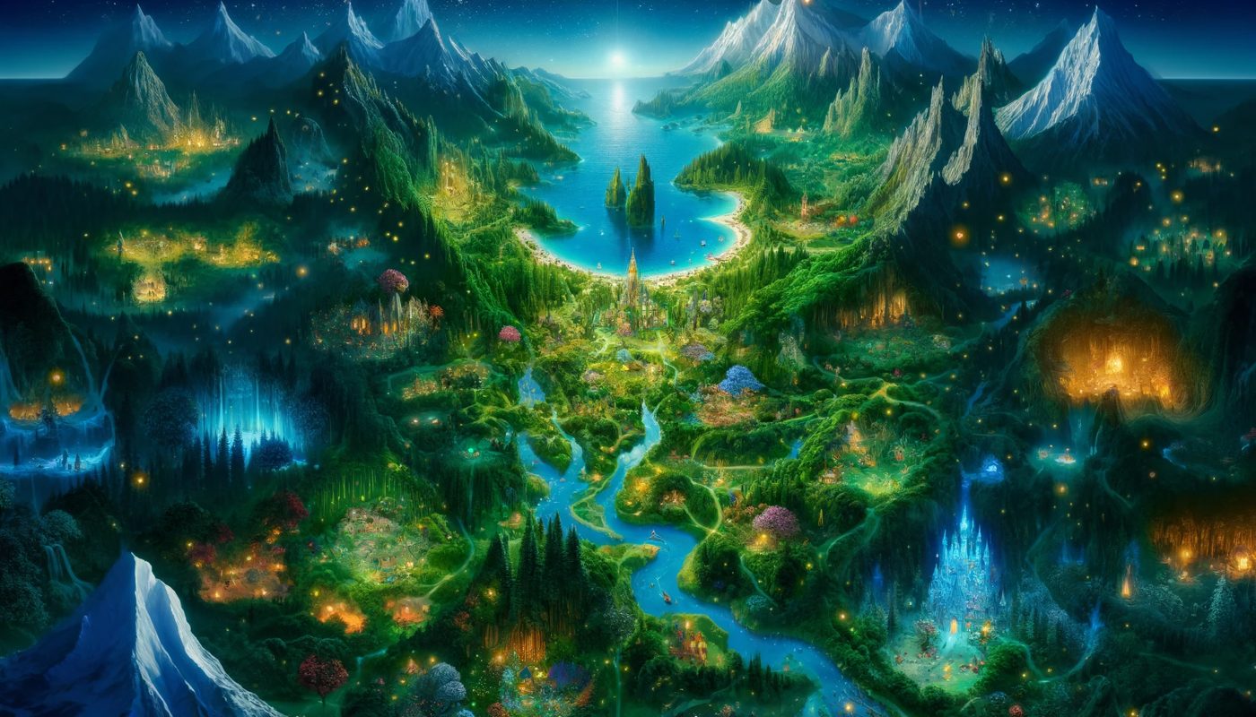 A painted overhead map of a glowing fairyland with forests, rivers and mountains